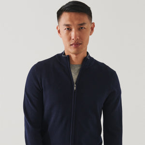 Patrick Assaraf 12GG Merino Full Zip Mock Cardigan - Midnight Navy